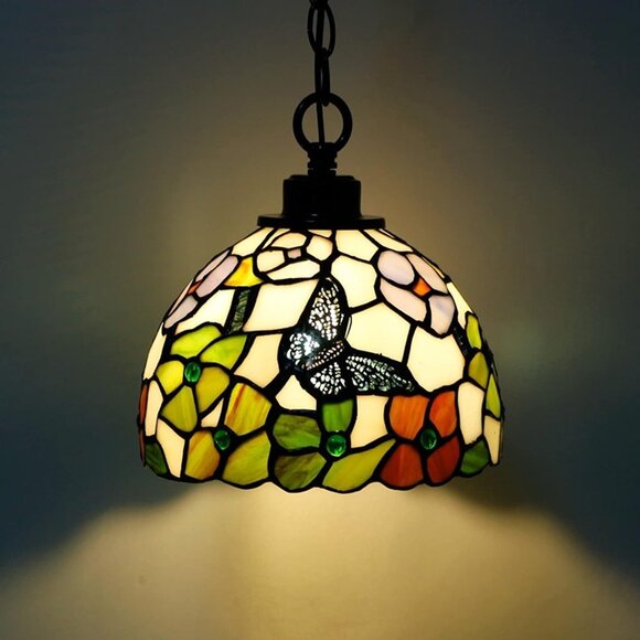 NEW Small Tiffany Pendant Light Plug in Stained Glass Swag Lamp 8X8X181" Hanging - Picture 6 of 7